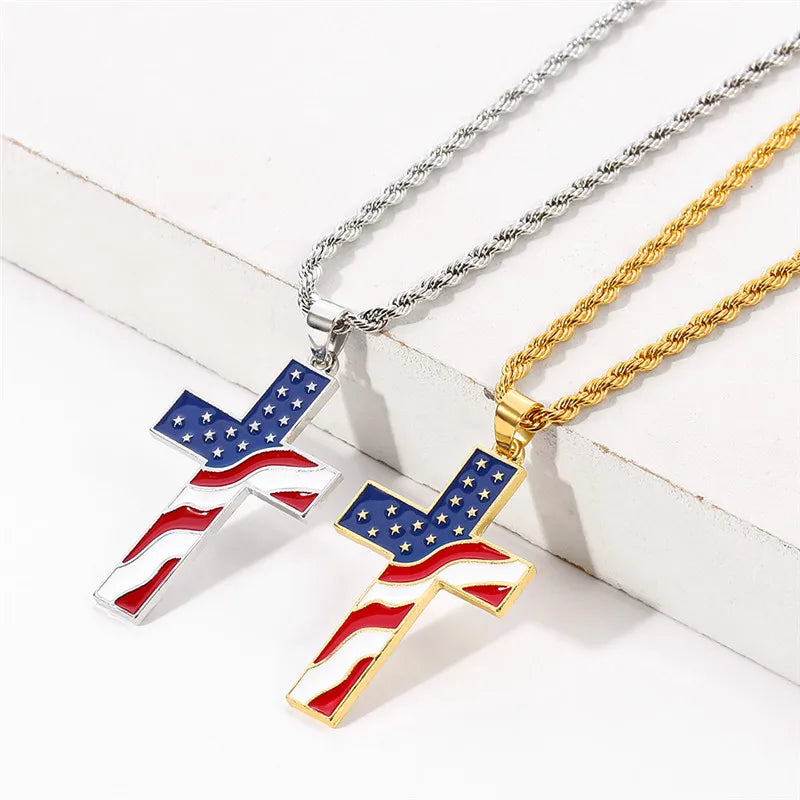 American Flag Cross Pendant Necklace