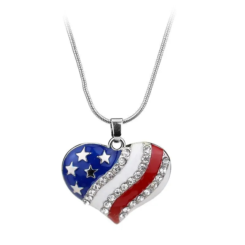 USA Flag Crystal Heart Pendant Necklace