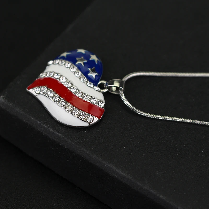 USA Flag Crystal Heart Pendant Necklace