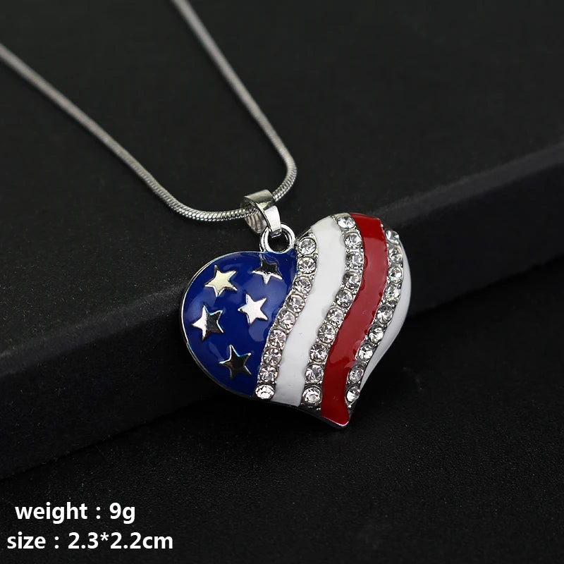 USA Flag Crystal Heart Pendant Necklace
