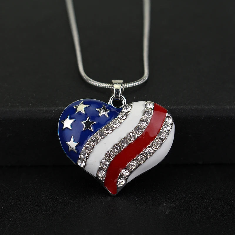 USA Flag Crystal Heart Pendant Necklace