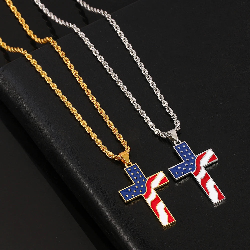 American Flag Cross Pendant Necklace
