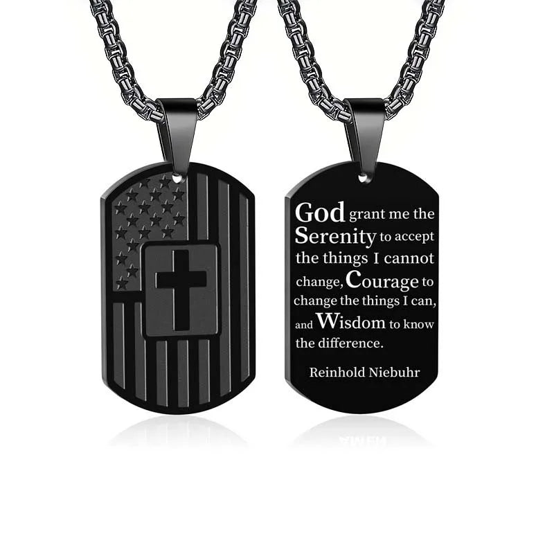 USA Flag Bible Verse Steel Necklace