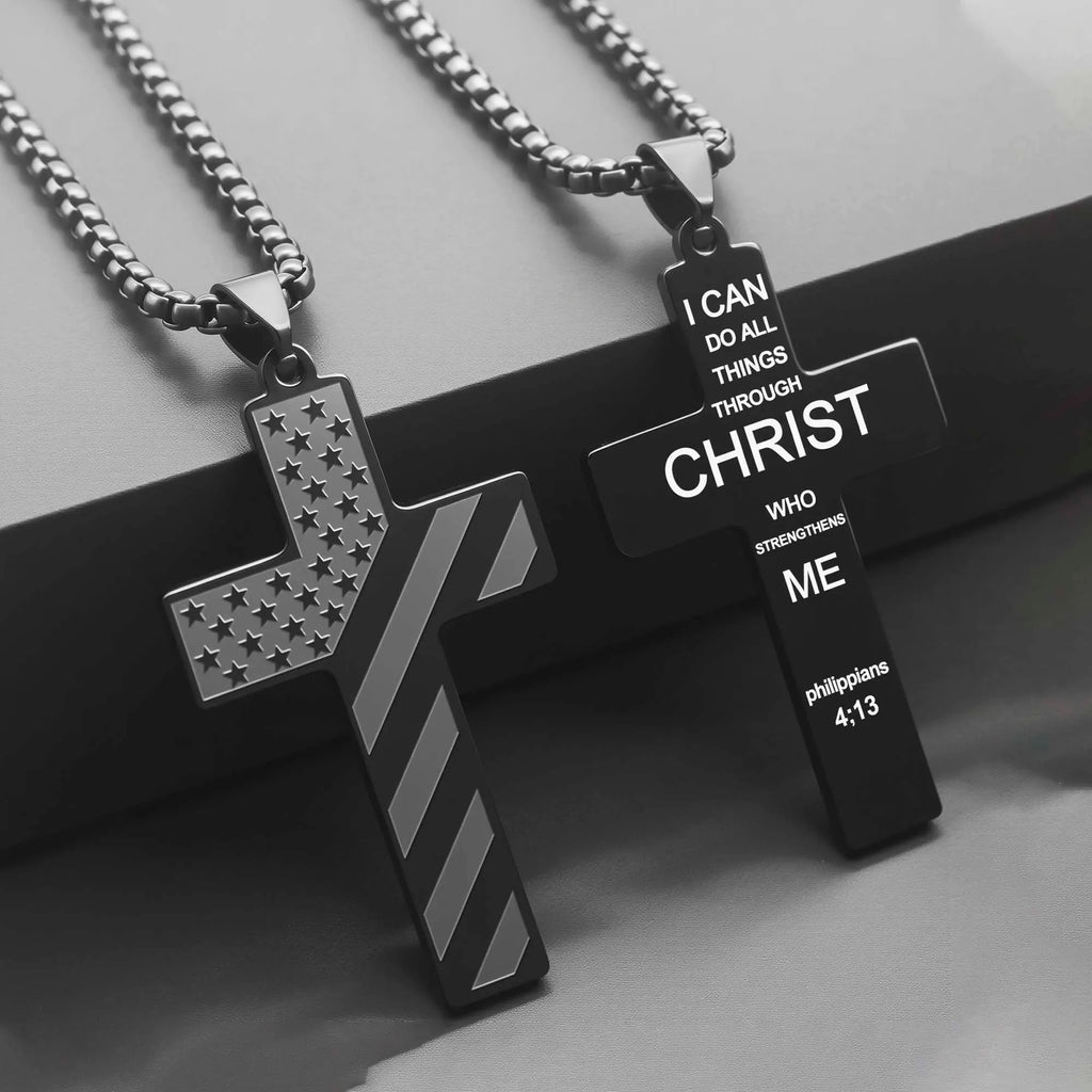 USA Flag Cross Steel Necklace