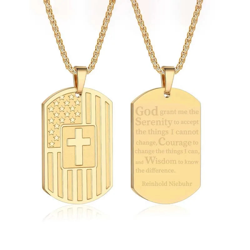 USA Flag Bible Verse Steel Necklace