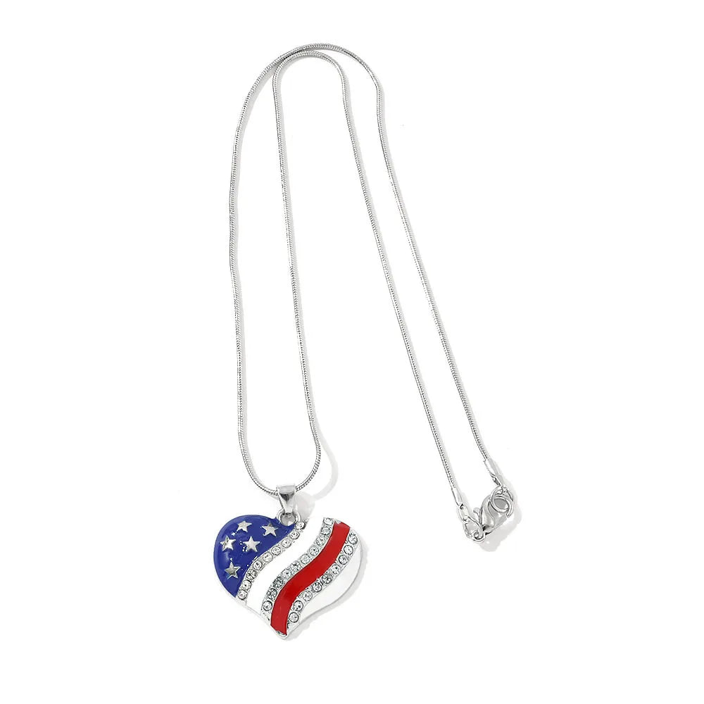USA Flag Crystal Heart Pendant Necklace
