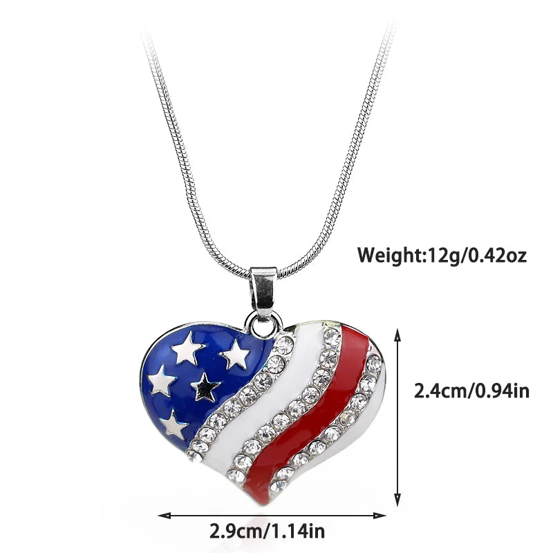 USA Flag Crystal Heart Pendant Necklace