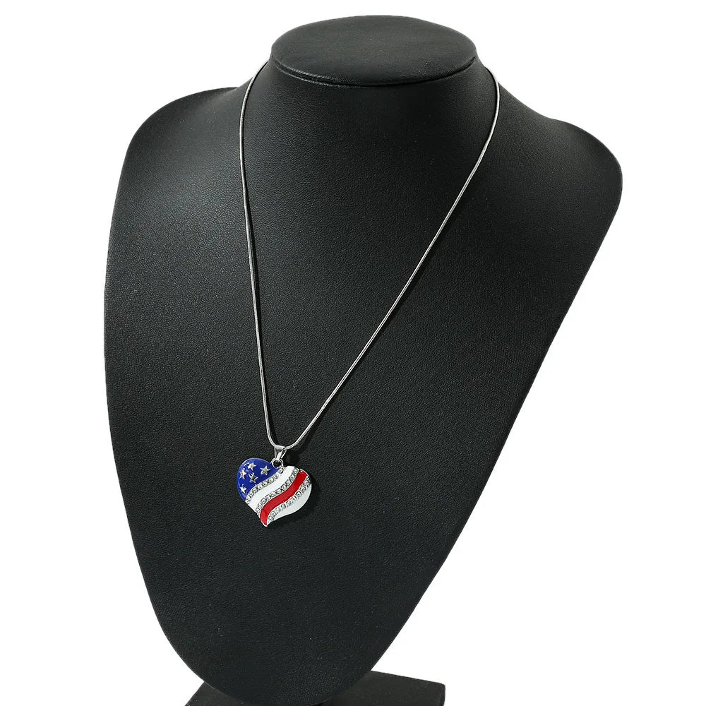 USA Flag Crystal Heart Pendant Necklace