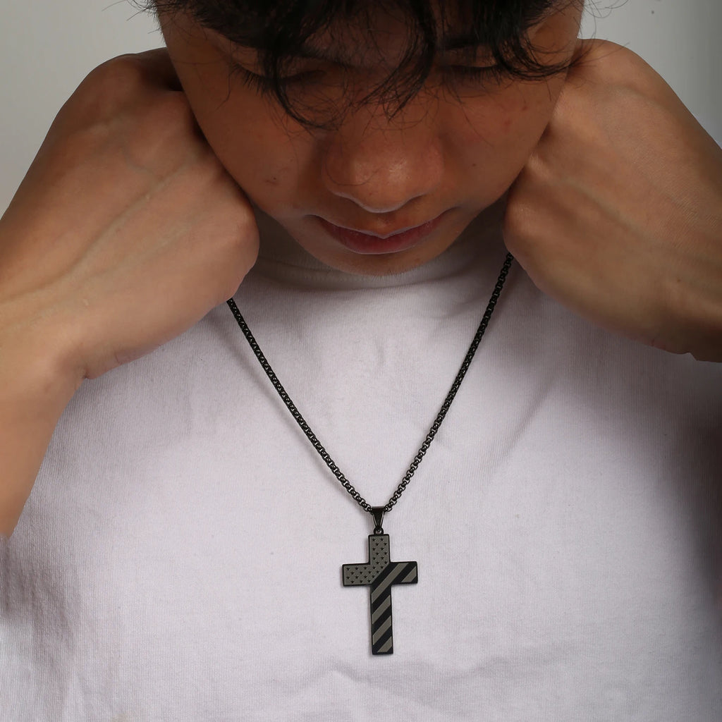 USA Flag Cross Steel Necklace