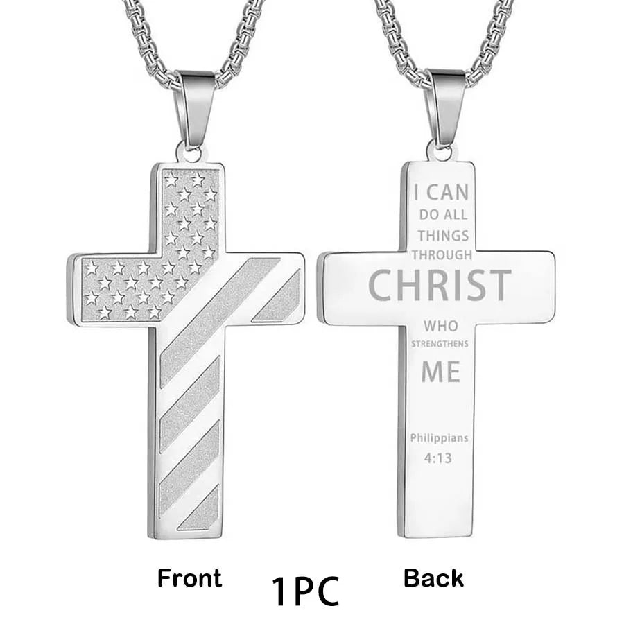USA Flag Cross Steel Necklace