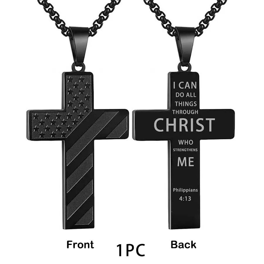 USA Flag Cross Steel Necklace