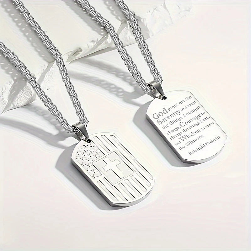 USA Flag Bible Verse Steel Necklace