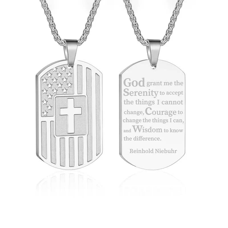 USA Flag Bible Verse Steel Necklace
