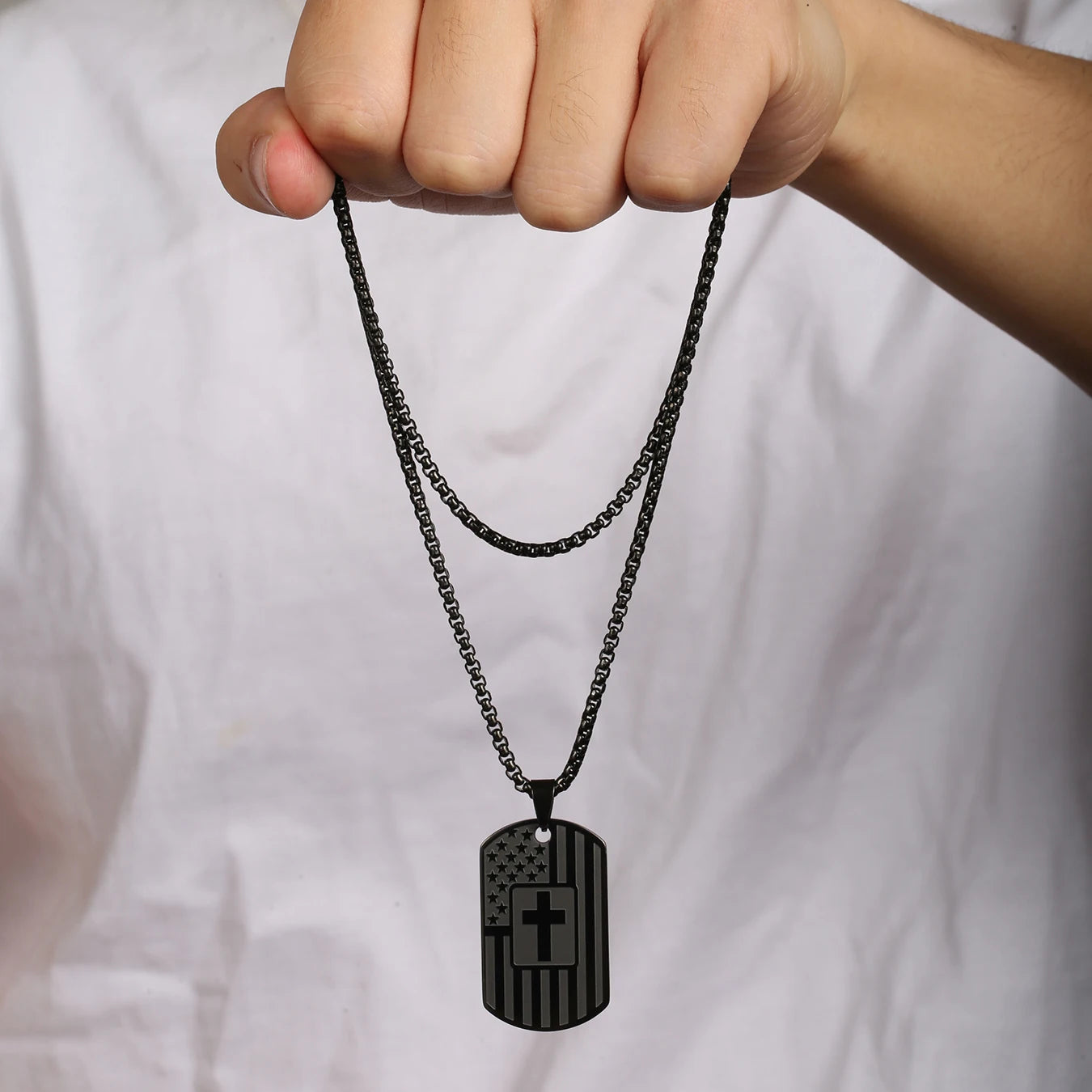 USA Flag Bible Verse Steel Necklace