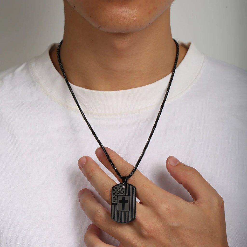 USA Flag Bible Verse Steel Necklace